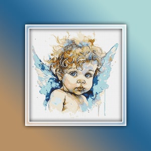 May include: A watercolour painting of a cherub with blue wings. The cherub has curly blonde hair and blue eyes. The painting has a white background.