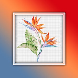Strelitzia-Blumen-Kreuzstichmuster 3 Sofortiger PDF-Download - Paradiesvogel-Blumen-Aquarell-Kreuzstichmuster