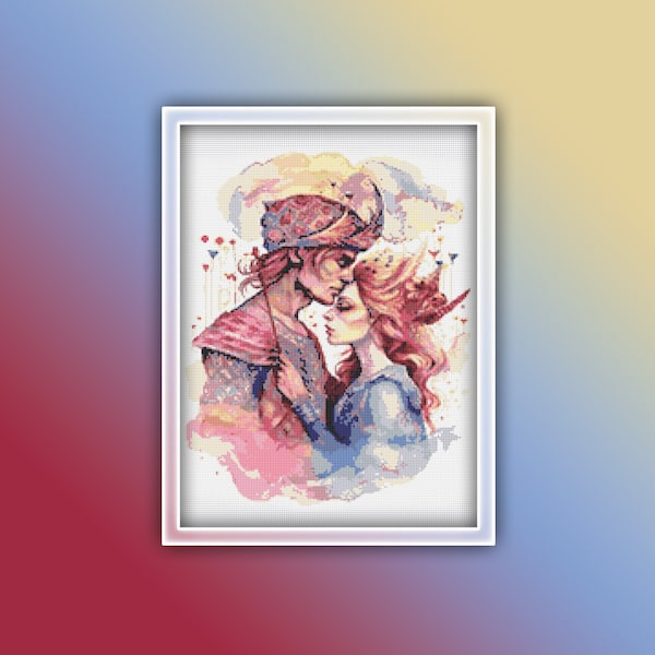 Les amoureux, motif point de croix 1 Téléchargement instantané en PDF - Couple amour aquarelle motif point de croix - femme amour et homme amour tenant chacun