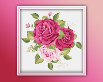 Pink Roses Cross Stitch Pattern 6 Instant PDF Download - Pink Rose Watercolor Cross Stitch Pattern