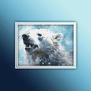 May include: A close-up of a white polar bear with its mouth open, showing its teeth. The bear is surrounded by a blue and white abstract background.