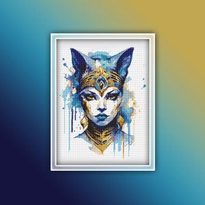 Bastet Cross Stitch Pattern 2 Instant PDF Download - Woman Watercolor Cross Stitch Pattern - Modern Bast Goddess of Cats and Egypt