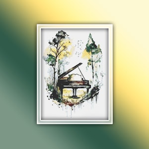以下が含まれることがあります： 森の中にグランドピアノが置かれた水彩画。ピアノは黒で、森は緑と黄色。絵は白い枠で囲まれている。