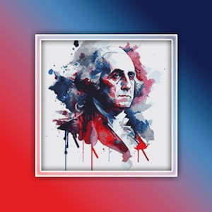 May include: A watercolor painting of George Washington, the first president of the United States, in red, white, and blue colors. The painting is abstract and has a modern style.