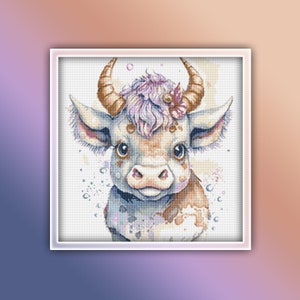 Cow Cross Stitch Pattern 12 Instant PDF Download - Cow Calf Watercolor Cross Stitch Pattern - Farm Animals Cross Stitch Pattern - Bull