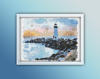 Lighthouse Cross Stitch Pattern 5 Instant PDF Download - House Watercolor Cross Stitch Pattern - Ocean Cross Stitch