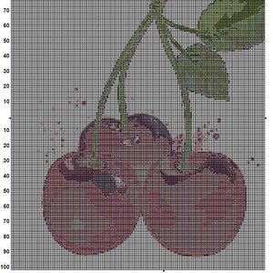 Puede incluir: Patr&oacute;n de punto de cruz con dos cerezas maduras con tallos y hojas verdes. Las cerezas son de color rojo intenso, con sombras m&aacute;s oscuras, y las hojas son verdes. El dise&ntilde;o est&aacute; sobre un fondo de cuadr&iacute;cula.