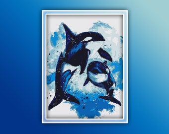 Orcas Cross Stitch Pattern 1 Instant PDF Download - Killer Whales Watercolor Cross Stitch Pattern - Animal Cross Stitch Pattern