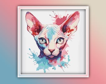 Pode incluir: Uma pintura aquarela colorida de um gato sem pêlo com respingos de tinta azul e rosa no fundo.