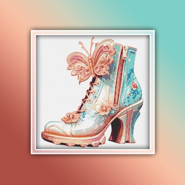 Fairy Tale Shoe Cross Stitch Pattern 7 Instant PDF Download - Lady Shoes Watercolor Cross Stitch Pattern - High Heel Boots Women Shoe