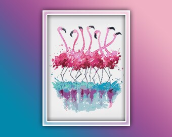 Flamingo Cross Stitch Pattern 4 Instant PDF Download - Flamingo Watercolor Cross Stitch Pattern - Bird Cross Stitch Pattern