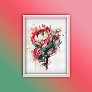 Puede incluir: Una pintura de acuarela de una flor de protea rosa y verde sobre un fondo blanco.