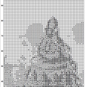 Op de afbeelding: Zwart-witte kruissteekpatroon voor een magische lamp. Het patroon bevat verschillende geometrische vormen, waaronder cirkels, vierkanten, driehoeken en plustekens.