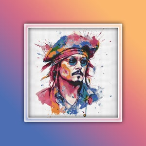 Op de afbeelding: Een kleurrijk aquarel schilderij van een man met een piratenhoed en zonnebril. Het schilderij is gemaakt in een levendige stijl met spatten van kleur.