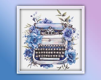 Typewriter Cross Stitch Pattern 4 Instant PDF Download - Blue Typewriter Watercolor Cross Stitch Pattern - Writing a Book or a Novel