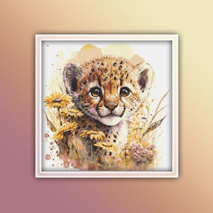 Cheetah Cross Stitch Pattern 12 Instant PDF Download - Cheetah Watercolor Cross Stitch Pattern - Animal Cross Stitch Pattern - Cheetah Cub