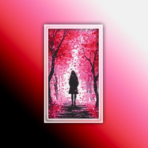May include: A silhouette of a person standing in a path lined with pink trees. The trees are in bloom and the petals are falling around the person. The background is a soft pink and white gradient.