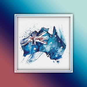 May include: A watercolor painting of the Australian flag in the shape of the country's outline. The flag is blue, white, and red with stars and a Union Jack.