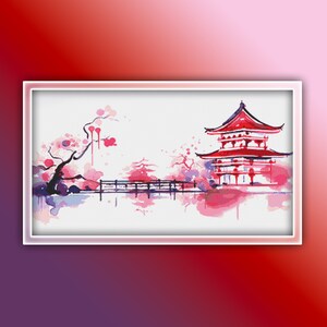 Japanese Landscape Cross Stitch Pattern 18 Instant PDF Download - Tree Watercolor Cross Stitch Pattern - Japan Cross Stitch Pattern