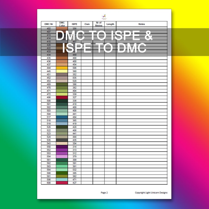 DMC to ISPE Conversion Chart PDF Instant Download | Cross Stitch Chart ...