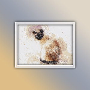 May include: A watercolor painting of a Siamese cat with blue eyes, sitting on a white background with splashes of color.