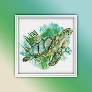 May include: A green sea turtle swimming in a watercolor-style illustration of an underwater scene. The turtle is surrounded by green seaweed and coral.