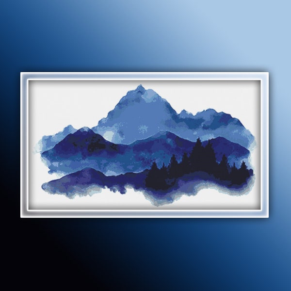 Blue Mountains Cross Stitch Pattern 8 Instant PDF Download - Landscape Watercolor Cross Stitch Pattern - Mountain Cross Stitch Pattern