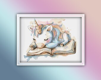 Unicorno che dorme su un libro Schema punto croce 1 Download istantaneo del PDF - Schema punto croce acquerello cavallo - Schema punto croce animale