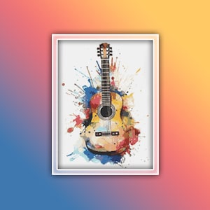 Guitar Cross Stitch Pattern 1 Instant PDF Download - Brown Box Six String Guitar Watercolor Cross Stitch Pattern - Watercolor