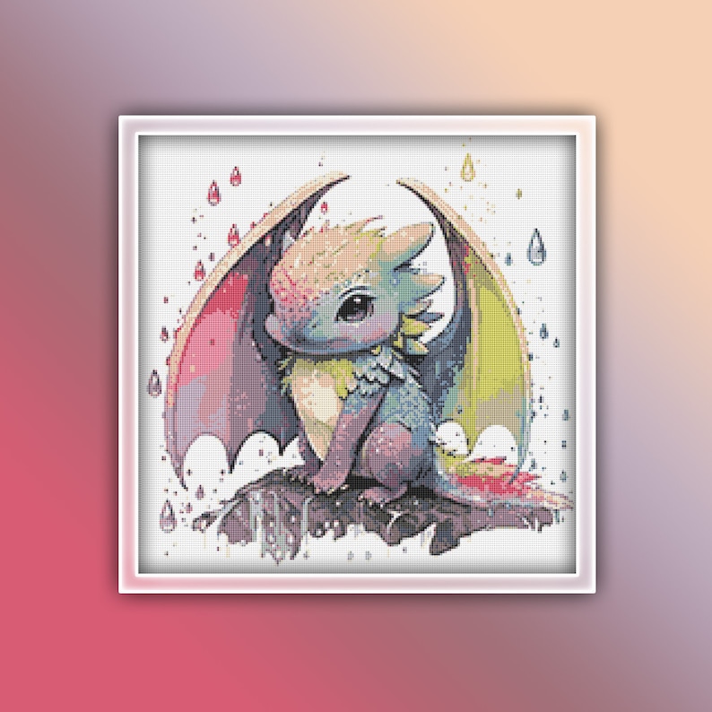 May include: A colorful, cartoon-style dragon with rainbow wings sits on a rock in the rain. The dragon has a blue body with yellow, pink, and green accents. The wings are a rainbow of colors, and the dragon is looking to the left.