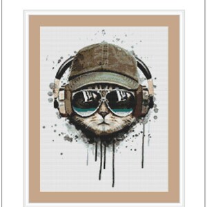 May include: A digital painting of a cat wearing headphones and sunglasses. The cat is wearing a brown baseball cap and has a white background with black paint splatters.