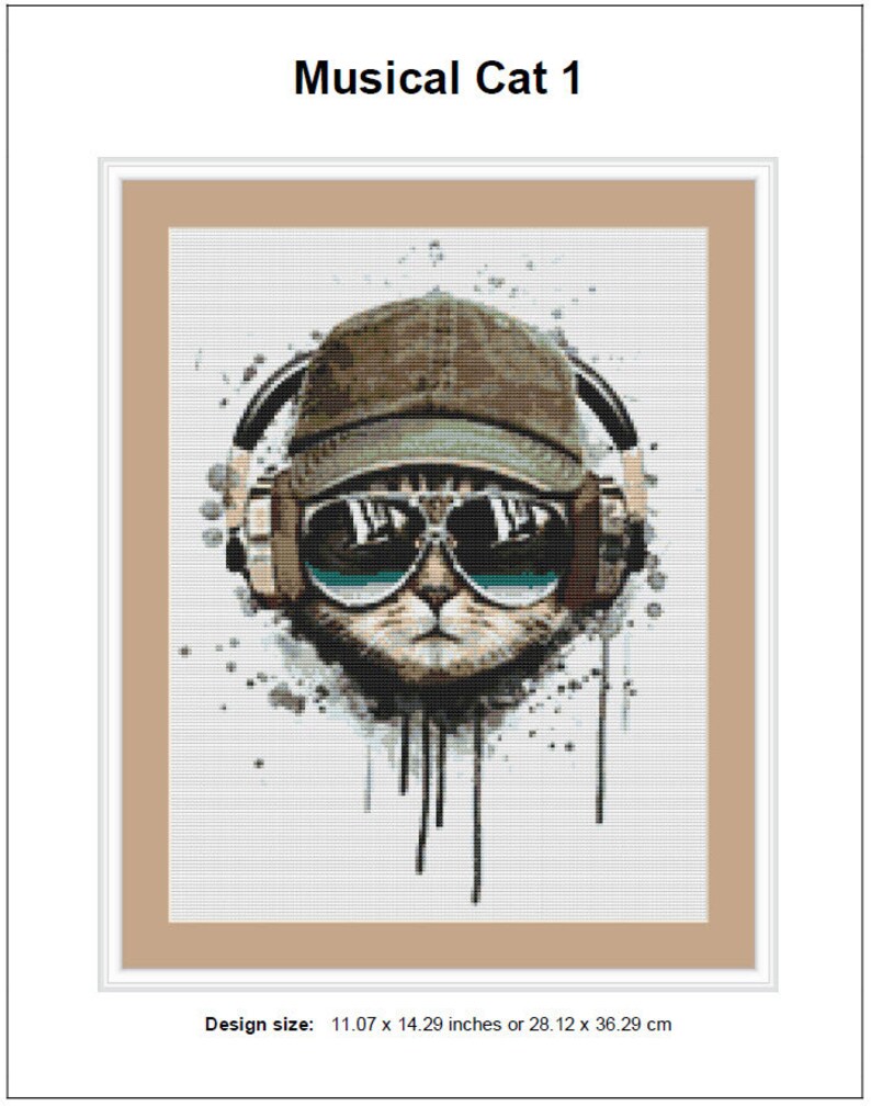 May include: A digital painting of a cat wearing headphones and sunglasses. The cat is wearing a brown baseball cap and has a white background with black paint splatters.
