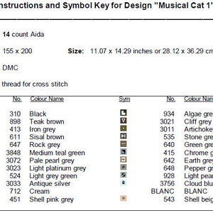 May include: A cross stitch pattern chart for a "Musical Cat 1" design. The chart includes a symbol key with DMC thread colors and numbers, along with the corresponding color names. The fabric is 14 count Aida and the finished size is 11.07 x 14.29 inches or 28.12 x 36.29 cm.