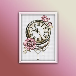 Rose Clock Cross Stitch Pattern 1 Instant PDF Download - Roses Watercolor Cross Stitch Pattern - Clock Cross Stitch Pattern
