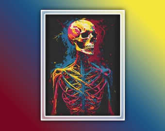 Skeleton Cross Stitch Pattern 1 Instant PDF Download - Rainbow Splash Skeleton Watercolor Cross Stitch Pattern - Anatomy Watercolor Skeleton