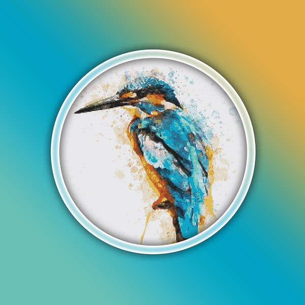 King Fisher Cross Stitch Pattern Instant PDF Download - King Fisher Watercolor Cross Stitch Pattern - Bird Cross Stitch Pattern