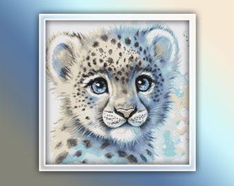 Snow Leopard Cross Stitch Pattern 2 Instant PDF Download - Leopard Watercolor Cross Stitch Pattern - Kids Room Cross Stitch Pattern