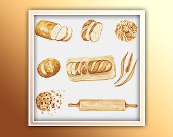 Könnte beinhalten: Ein Aquarellbild von verschiedenen Brotsorten, darunter ein Laib Brot, ein Baguette, ein runder Laib und ein Brötchen. Außerdem sind ein Nudelholz und ein Weizenähren zu sehen.