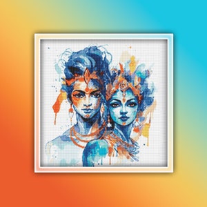 Rama and Sita Cross Stitch Pattern 1 Instant PDF Download - Watercolor Cross Stitch Pattern - Modern God and Goddess Hinduism