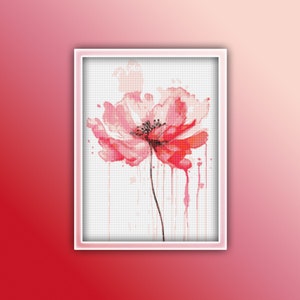 Könnte beinhalten: Ein Aquarellbild einer einzelnen rosa Blume vor weißem Hintergrund. Die Blume hat einen rosa-roten Farbverlauf und ist von Wassertropfen umgeben.