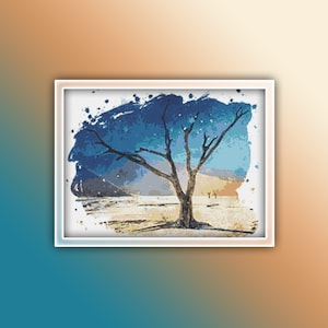 May include: A watercolor painting of a lone tree in a desert landscape. The tree is silhouetted against a blue sky with white clouds. The desert is a sandy brown color.