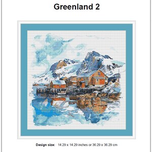 May include: A cross-stitch pattern of a snowy mountain landscape with a red house and a wooden dock. The design size is 14.29 x 14.29 inches or 36.29 x 36.29 cm.