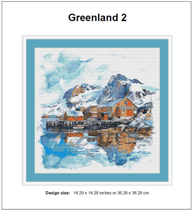 May include: A cross-stitch pattern of a snowy mountain landscape with a red house and a wooden dock. The design size is 14.29 x 14.29 inches or 36.29 x 36.29 cm.
