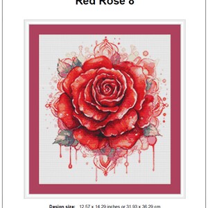 K&ouml;nnte beinhalten: Kreuzstich-Muster einer roten Rose mit Aquarell-Effekt. Die Rose ist von einem zarten floralen Design und tropfendem rotem Farbverlauf umgeben. Mustergr&ouml;&szlig;e: 31,93 x 36,29 cm oder 12,57 x 14,29 Zoll.
