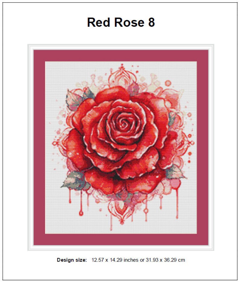 K&ouml;nnte beinhalten: Kreuzstich-Muster einer roten Rose mit Aquarell-Effekt. Die Rose ist von einem zarten floralen Design und tropfendem rotem Farbverlauf umgeben. Mustergr&ouml;&szlig;e: 31,93 x 36,29 cm oder 12,57 x 14,29 Zoll.