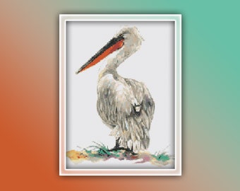 Pelican Cross Stitch Pattern 1 Instant PDF Download - Pelican Watercolor Cross Stitch Pattern - Bird Cross Stitch Pattern