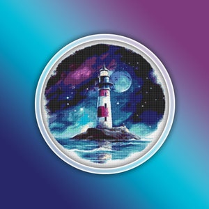 Lighthouse in the Moonlight Cross Stitch Pattern 2 Instant PDF Download - House Watercolor Cross Stitch Pattern - Ocean Cross Stitch