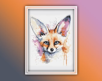 フェネックギツネの水彩画風クロスステッチパターン：動物刺繍（PDF