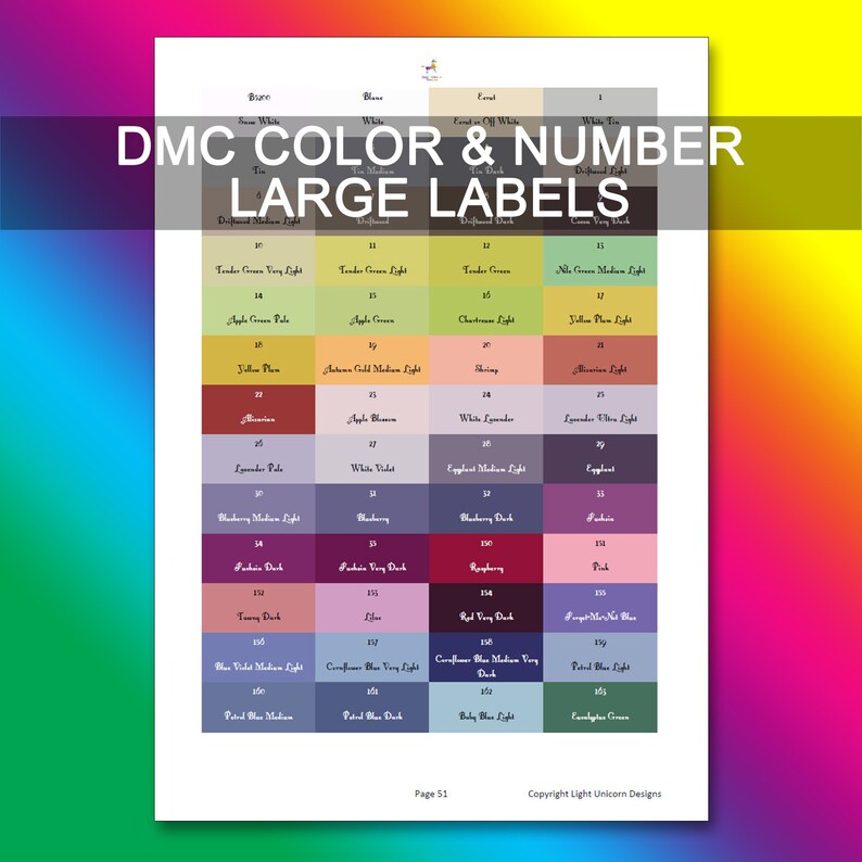 May include: A printed colour chart for DMC thread, featuring a grid of colour swatches with DMC colour numbers. The text "DMC COLOR & NUMBER LARGE LABELS" is displayed prominently at the top of the page.