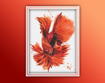 Siamese Fighting Fish Cross Stitch Pattern 4 Instant PDF Download - Fish Watercolor Cross Stitch Pattern